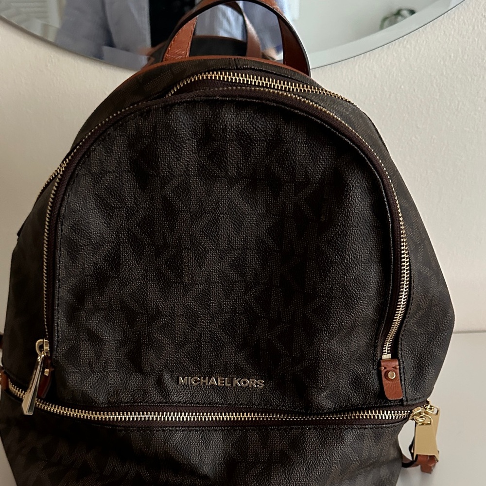 Michael Kors Dark Brown Signature Logo Backpack with Gold Hardware